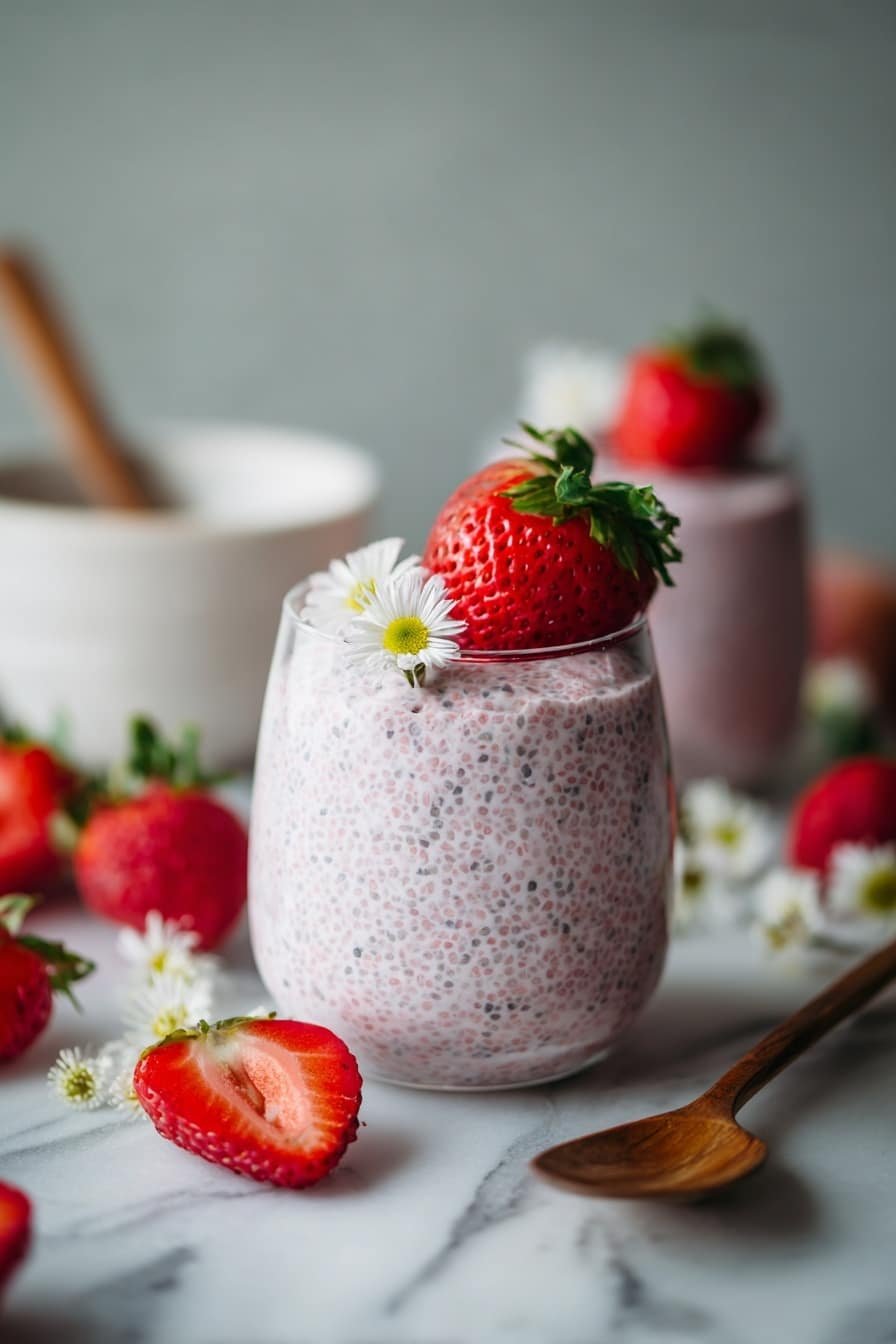A clear glass shows a three-layer dessert starting with a bright red strawberry puree at the bottom, topped by a light cream layer filled with tiny black chia seeds, and finished with a scattered layer of dry chia seeds on top. Two fresh red strawberries, one whole and one cut in half, sit on the cream layer, leaning against the glass edge. The glass sits on a white plate with some scattered chia seeds and a golden spoon beside it. Around the plate, fresh red strawberries with green leaves lay on a white marbled surface, with another similar glass dessert blurred in the background. photo taken with an iphone --ar 2:3 --v 7 - Strawberry Coconut Chia Pudding, healthy breakfast chia pudding, vegan berry coconut dessert, overnight chia pudding recipe, refreshing fruit chia pudding