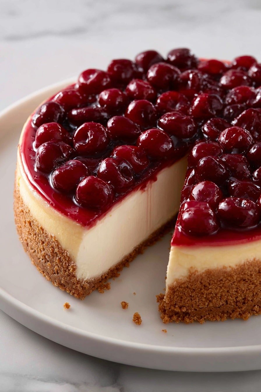 A round cheesecake on a white plate against a white marbled background is shown with one slice removed. The cheesecake has three layers: a brown crumbly crust at the bottom, a thick creamy off-white middle layer, and a shiny deep red topping filled with many glossy red cherries that look fresh and juicy. Some crumbs are scattered near the missing slice, showing the crumb texture of the base. The cream layer looks smooth and dense, while the cherry topping has a slightly translucent, jelly-like sheen. photo taken with an iphone --ar 2:3 --v 7 - Cherry Cheesecake with Graham Cracker Crust, cherry cheesecake recipe, easy cherry cheesecake, creamy cherry cheesecake dessert, homemade cherry cheesecake