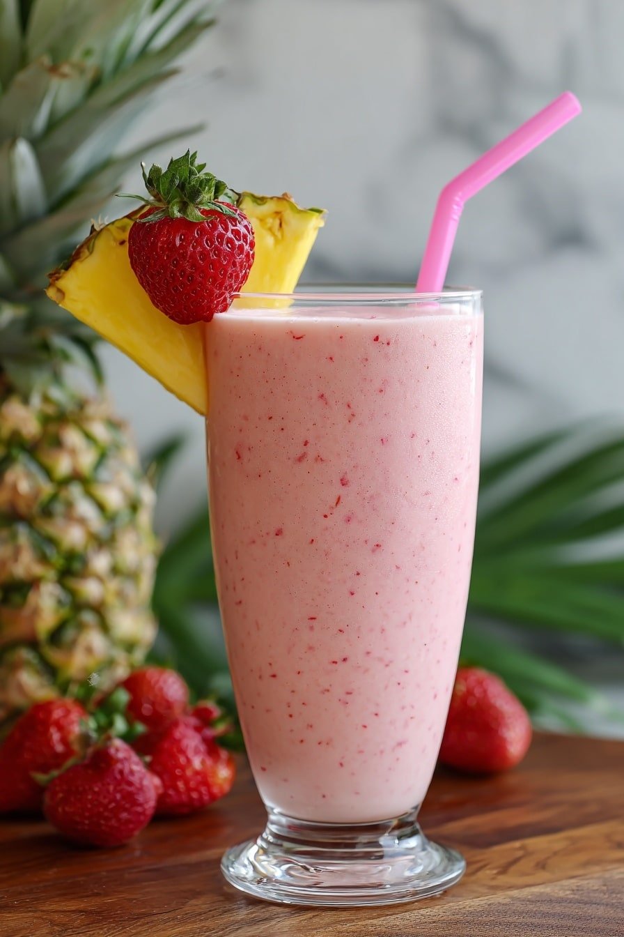 A tall, clear glass filled with a creamy pink smoothie that has small chunks of red strawberry pieces spread throughout the drink. The smoothie reaches just below the rim, with ice cubes visible on top. A bright red strawberry and a small triangular slice of pineapple with green leaves are placed on the rim of the glass as decoration. A pink and white striped straw sticks out from the drink on the left side. The glass stands on a smooth wooden table, with whole strawberries scattered around and blurred fruits and a pineapple in the background. The setting is bright with natural light and green blurred foliage behind, photo taken with an iphone --ar 2:3 --v 7 - Virgin Strawberry Pina Colada, non-alcoholic tropical drink, healthy fruit smoothie, refreshing summer beverage, easy virgin cocktail