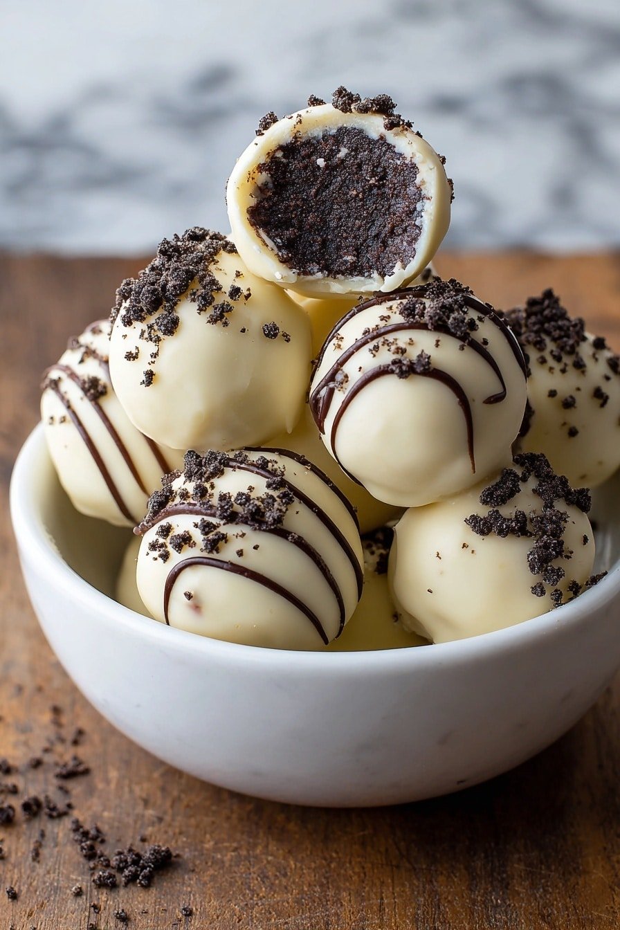 A white bowl is filled with round truffle balls covered in smooth, creamy white coating. Some truffles have dark chocolate crumbs sprinkled on top, while others are decorated with thin, dark chocolate swirls. One truffle is placed on top, showing a dark, moist, dense inside with a slightly rough texture. The bowl sits on a wooden surface, with a white marbled texture in the background. photo taken with an iphone --ar 2:3 --v 7 - Oreo Cake Balls, Oreo Cake Balls Recipe, Oreo Candy Coated Bites, No-Bake Oreo Desserts, Easy Oreo Treats