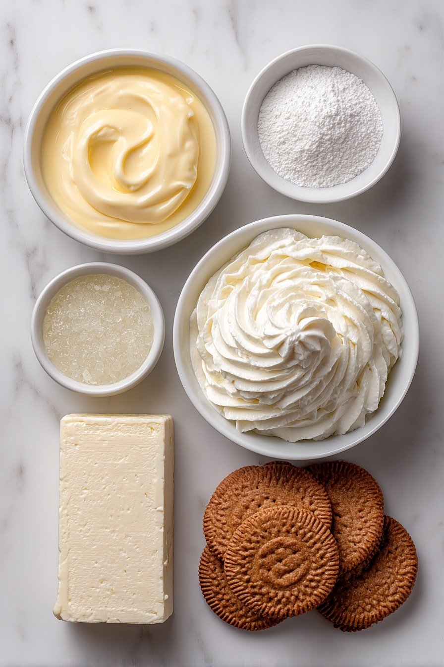 The image shows three glass cups of a layered dessert. Each cup has a bottom layer of brown crumbly crust, followed by a thick creamy white layer above it. On top of the cream is a swirl of white whipped cream, sprinkled with more brown crumbs. Each dessert is decorated with a thin orange slice placed upright at the back and a small green mint leaf on top of the whipped cream. The background has a soft golden bokeh light effect, and the desserts sit on a white marbled surface with some orange slices scattered around. Photo taken with an iphone --ar 2:3 --v 7 - Eggnog Speculoos Mousse, holiday mousse recipes, festive dessert ideas, creamy eggnog dessert, Speculoos cookies mousse