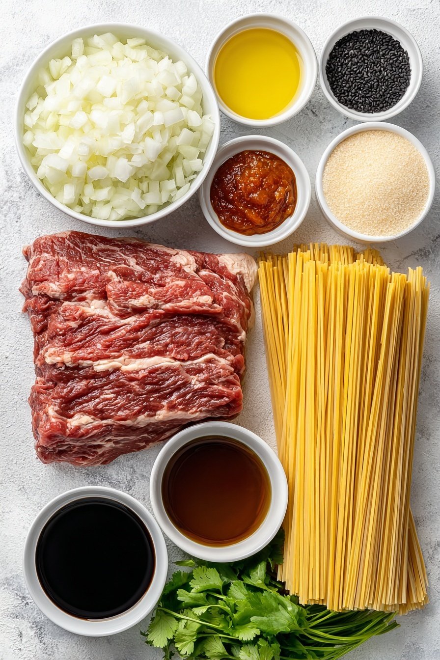 The image shows a white bowl filled with wide flat noodles that are dark golden brown from a rich sauce coating them. There are small pieces of dark cooked meat mixed evenly through the noodles. Sprinkled on top are bright green chopped herbs and small white sesame seeds adding color contrast. A woman's hand is holding a silver fork lifting some noodles out of the bowl, showing the glossy texture of the sauce and the noodles twisting around the fork. The bowl sits on a white marbled surface with a blue cloth nearby, creating a clean and simple background photo taken with an iphone --ar 2:3 --v 7 - Slow Cooker Korean Beef Noodles, Korean beef noodles recipe, easy slow cooker dinner, comforting Asian noodles, tender beef noodle bowl