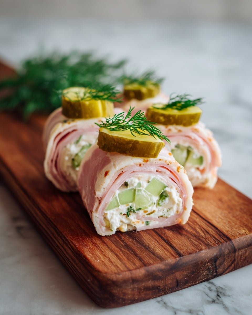 Ham & Pickle Roll-Ups Recipe - Recipe Image — Ham & Pickle Roll-Ups, Ham and Pickle Appetizers, Easy Ham Snack, Cream Cheese Ham Wraps, Crowd-Pleasing Party Snacks