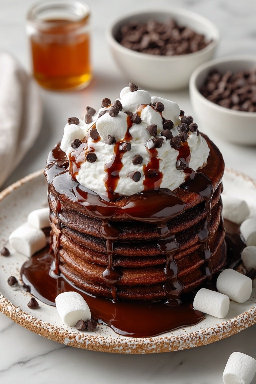 A tall stack of six dark brown pancakes sits in the center of a white plate with a crumb-textured rim, each pancake layered evenly and drizzled generously with thick, dark chocolate syrup that flows down the sides. On top of the stack is a large dollop of white whipped cream, crowned with several small white marshmallows and scattered dark chocolate chips. More chocolate syrup is drizzled over the marshmallows, pooling slightly on the plate below. Around the plate, a few extra marshmallows and chocolate chips are scattered on a white marbled surface. Two white bowls filled with chocolate chips and a glass jar with caramel-colored syrup are blurred in the background. photo taken with an iphone --ar 2:3 --v 7 - Chocolate Chip Hot Chocolate Pancakes, chocolate pancake recipe, indulgent breakfast ideas, cozy weekend breakfast, easy chocolate pancakes