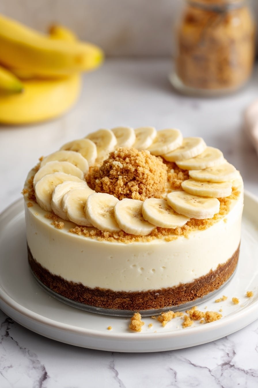 The image shows a round banana cream cheesecake on a white plate. The cheesecake has three visible layers: a thick brown crumb crust at the bottom, a smooth creamy white cheesecake center, and a shiny pale yellow top layer. The top is decorated with two rows of banana slices around the edge, and there are some crushed crumbs and a few square biscuit pieces scattered on top and around the base. In the background, a whole banana and a bowl of white cream sit on a white marbled surface. photo taken with an iphone --ar 2:3 --v 7 - Banana Pudding Cheesecake, banana pudding cheesecake, easy banana pudding dessert, creamy banana pudding cheesecake, no-bake banana pudding cheesecake