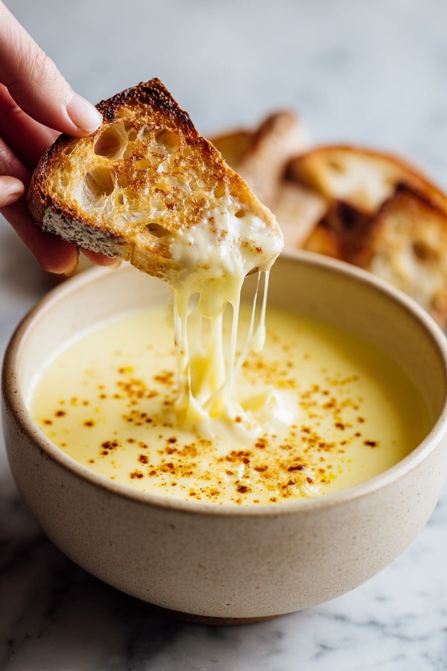 A beige bowl filled with creamy yellow cheese fondue, sprinkled with small brown spots of seasoning on top, sits on a white marbled surface. A piece of toasted bread with a golden-brown crust and light holes is held by a woman's hand and dipped into the cheese, with stretches of melted cheese dripping from the bread back into the bowl. The background is softly blurred, emphasizing the warm and inviting texture of the cheese and bread. Photo taken with an iphone --ar 2:3 --v 7 - Creamy White Cheddar Fondue , cheesy appetizer, easy cheese dip, cozy party snack, white cheddar cheese recipe