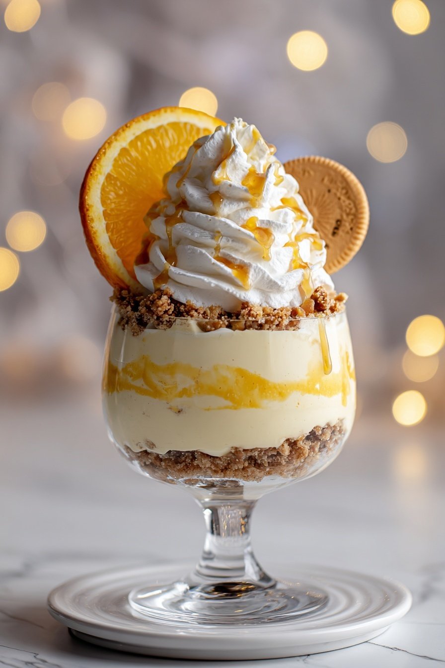 The dessert is served in a clear stemmed glass with four visible layers. The bottom layer is a crumbly brown crust. Above this is a thick, smooth pale yellow cream layer. Next, there is a sprinkle of crumbly brown bits on top of the cream. The final layer is a tall swirl of white whipped cream. The whipped cream is decorated with a drizzle of golden syrup and topped with a round light brown cookie and a bright orange slice standing upright behind it. The glass is placed on a white plate with a white marbled surface background, and soft warm bokeh lights are visible behind. Photo taken with an iphone --ar 2:3 --v 7 - Eggnog Speculoos Mousse, holiday mousse recipes, festive dessert ideas, creamy eggnog dessert, Speculoos cookies mousse