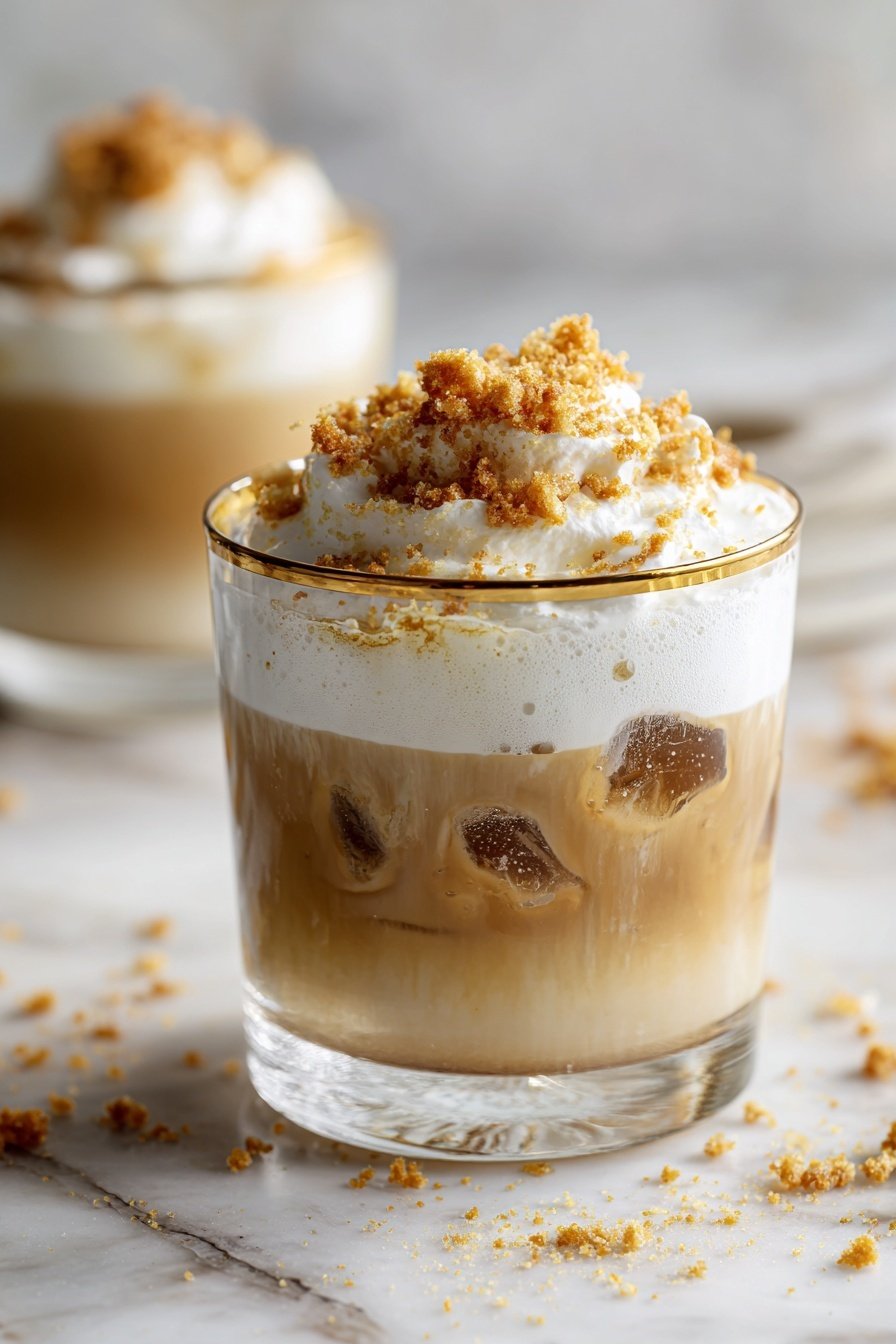 The image shows a clear rounded glass filled with three main layers of drink: at the bottom, a thick, smooth light brown liquid with small chunks mixed inside; in the middle, a caramel-colored layer with visible ice cubes; and at the top, a thick layer of white whipped cream with light brown crumbs sprinkled all over it. The glass has a gold rim and sits on a white marbled surface with another similar glass blurred in the background, along with soft orange shapes that look like out-of-focus pumpkins. Photo taken with an iphone --ar 2:3 --v 7 - Vegan Pumpkin Pie Mocktail, fall mocktail recipes, festive vegan drinks, pumpkin spice drinks, plant-based holiday beverages