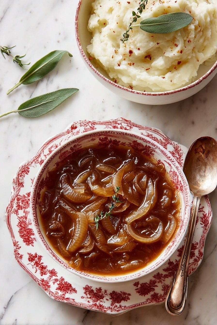 A close-up view of a bowl filled with thick brown onion soup, showing many soft, translucent cooked onion slices floating on the surface, with a glossy texture that catches light. The bowl is white with a blue pattern on the outside, sitting on a white marbled surface. The soup looks warm and rich, filling the bowl up near the top. photo taken with an iphone --ar 2:3 --v 7 - Savory Red Onion Cider Sauce, red onion cider sauce, caramelized onion cider sauce, roasted meat sauce, flavorful apple cider sauce