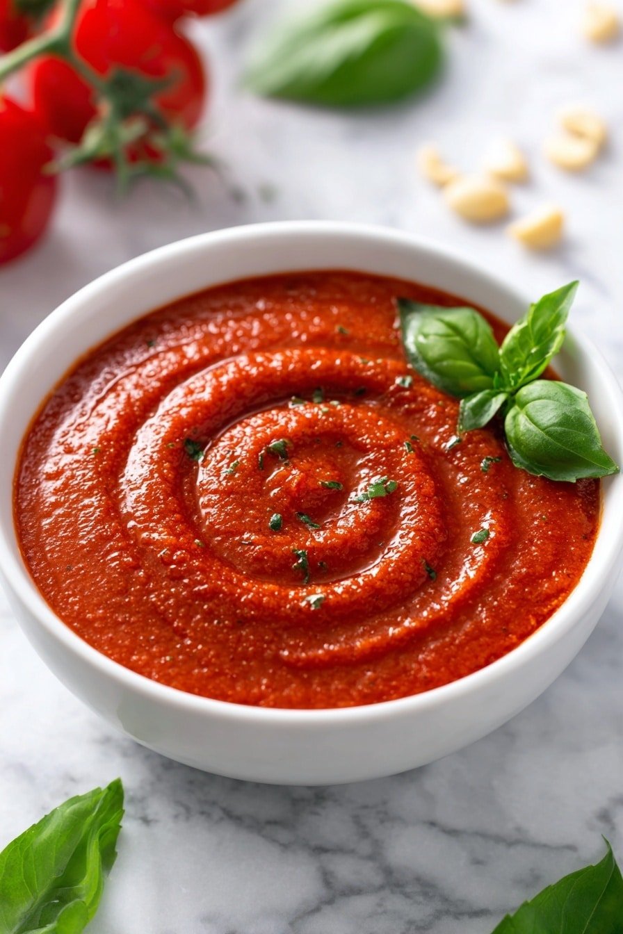 A bowl with a smooth, thick red tomato sauce swirled in a spiral pattern, sprinkled with small green herb pieces on top, and decorated with two fresh dark green basil leaves on one side. The bowl is white and sits on a white marbled surface. In the background, some red tomatoes on the vine and green basil leaves are slightly out of focus, along with light-colored nuts scattered near the bowl. The sauce has a rich, slightly textured look and the overall scene is brightly lit, making the colors vibrant and fresh photo taken with an iphone --ar 2:3 --v 7 - Tomato Basil Pesto Sauce, homemade tomato basil pesto, fresh tomato basil sauce, easy pesto with cherry tomatoes, vibrant basil pesto