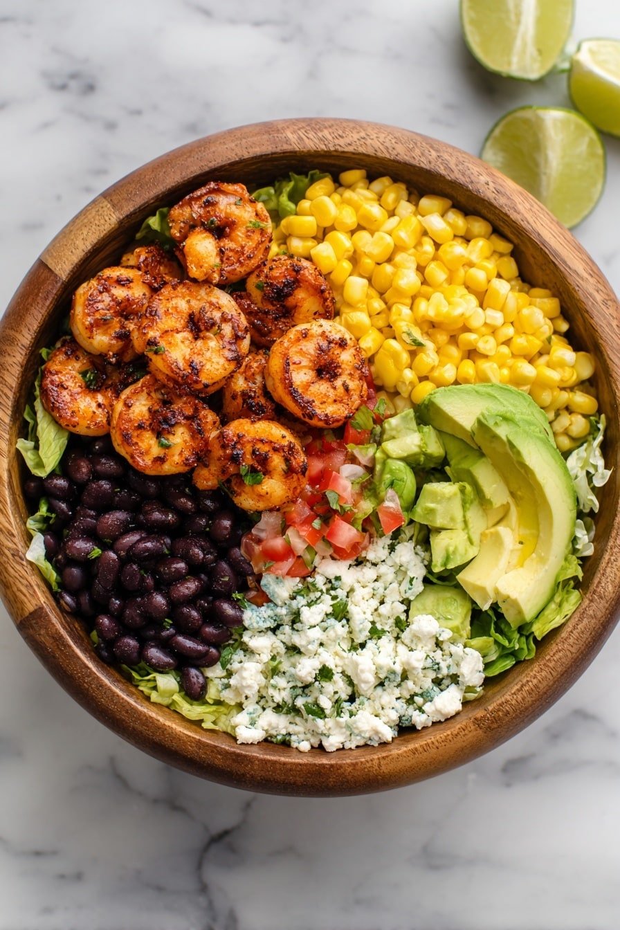 The image shows a bowl with several layers of food placed separately. In the center, there is a pile of cooked shrimp with a reddish-brown color and slight charring. Around the shrimp are diced green avocado pieces at the top, shredded light green lettuce on the top right, and small red tomato chunks mixed with green herbs on the right side. Below the shrimp, there is a bright yellow layer of corn kernels, and to the left of the corn are black beans. On the top left side, there is a layer of white cheese mixed with green herbs. The bowl is white and placed on a white marbled surface. Photo taken with an iphone --ar 2:3 --v 7 - Grilled Shrimp Salad with Corn and Avocado, healthy seafood salad, summer shrimp salad, easy shrimp and avocado salad, fresh grilled shrimp recipes
