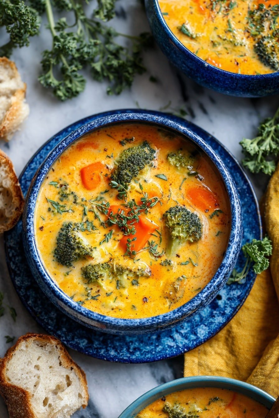 Two bowls of thick orange-yellow soup filled with visible green broccoli florets and slices of orange carrots float on top. The bowls are dark blue and round, placed on a white marbled surface. Around the bowls, pieces of crusty white bread with soft, airy interiors lie on small white plates. A yellow cloth and a sprig of fresh green herbs add soft touches nearby. The soup has a creamy and slightly speckled texture. Photo taken with an iphone --ar 2:3 --v 7 - Roasted Broccoli Cheddar Soup, creamy broccoli cheese soup, roasted vegetable soup, easy cheesy soup, comforting broccoli soup