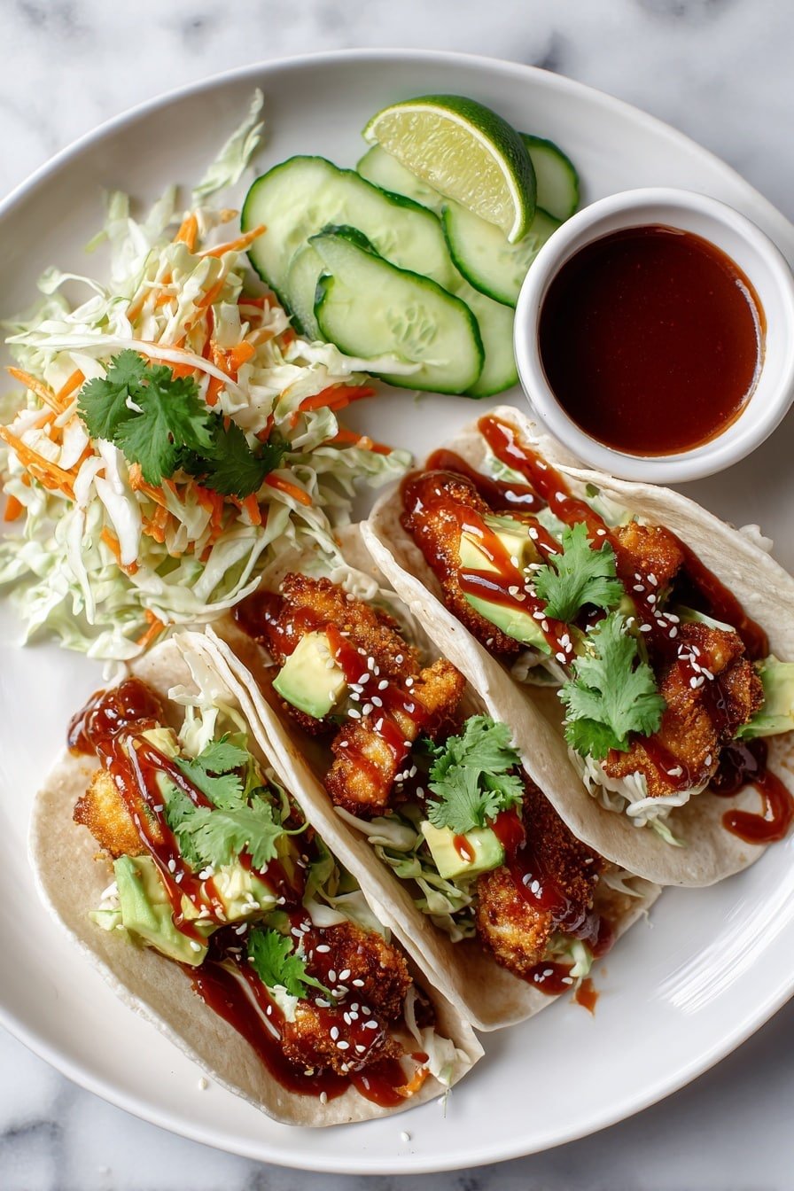 The dish has three small soft white tortillas standing side by side, each filled with crispy brown fried chicken pieces, bright green avocado slices, and fresh green cilantro leaves. The tacos are drizzled with a shiny reddish-brown sauce and sprinkled with small white sesame seeds. On the left side of the white round plate, there is a mix of shredded pale green cabbage and thin orange carrot sticks topped with green cilantro. At the top of the plate, a bright green lime wedge and several slices of fresh, light green cucumber are placed near a small white cup filled with a similar reddish-brown sauce. The plate is set on a white marbled surface photo taken with an iphone --ar 2:3 --v 7 - Sweet Chili Chicken Wraps, chicken wraps with sweet chili sauce, easy chicken wrap recipes, quick dinner ideas, healthy chicken wraps
