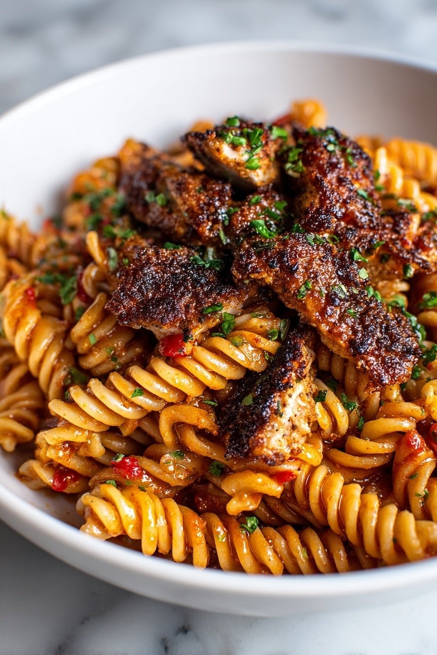 A close-up view of a white bowl filled with spiral pasta at the bottom, cooked to a soft yellow color with a shiny texture. On top of the pasta are several pieces of grilled food with a crispy dark golden brown crust and some charred black spots. Scattered on the grilled pieces and pasta are bright green chopped herbs and small flecks of red chili, adding fresh color contrast. The dish has a glossy, slightly oily look, and the bowl sits on a white marbled surface. photo taken with an iphone --ar 2:3 --v 7 - Honey Pepper Chicken Pasta, flavorful chicken pasta dinner, quick honey pepper pasta, easy spicy chicken pasta, weeknight pasta recipe