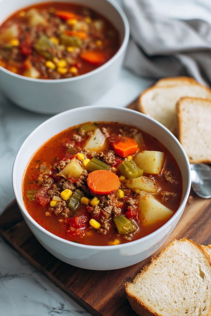 The image shows a white bowl filled with a thick vegetable and meat soup placed on a wooden board on a white marbled surface. The soup has layers of brown ground meat, orange carrot slices, yellow corn kernels, white potato chunks, green celery pieces, and bright red tomato chunks in a reddish broth. The ingredients are mixed but distinct, giving a colorful and textured look. Next to the bowl, there are a few slices of light brown crusted white bread. In the background, another white bowl with the same soup is partially visible. Photo taken with an iphone --ar 2:3 --v 7 - Hearty Cowboy Soup with Ground Beef, hearty beef soup recipe, comforting ground beef soup, easy cowboy soup, filling beef and vegetable soup