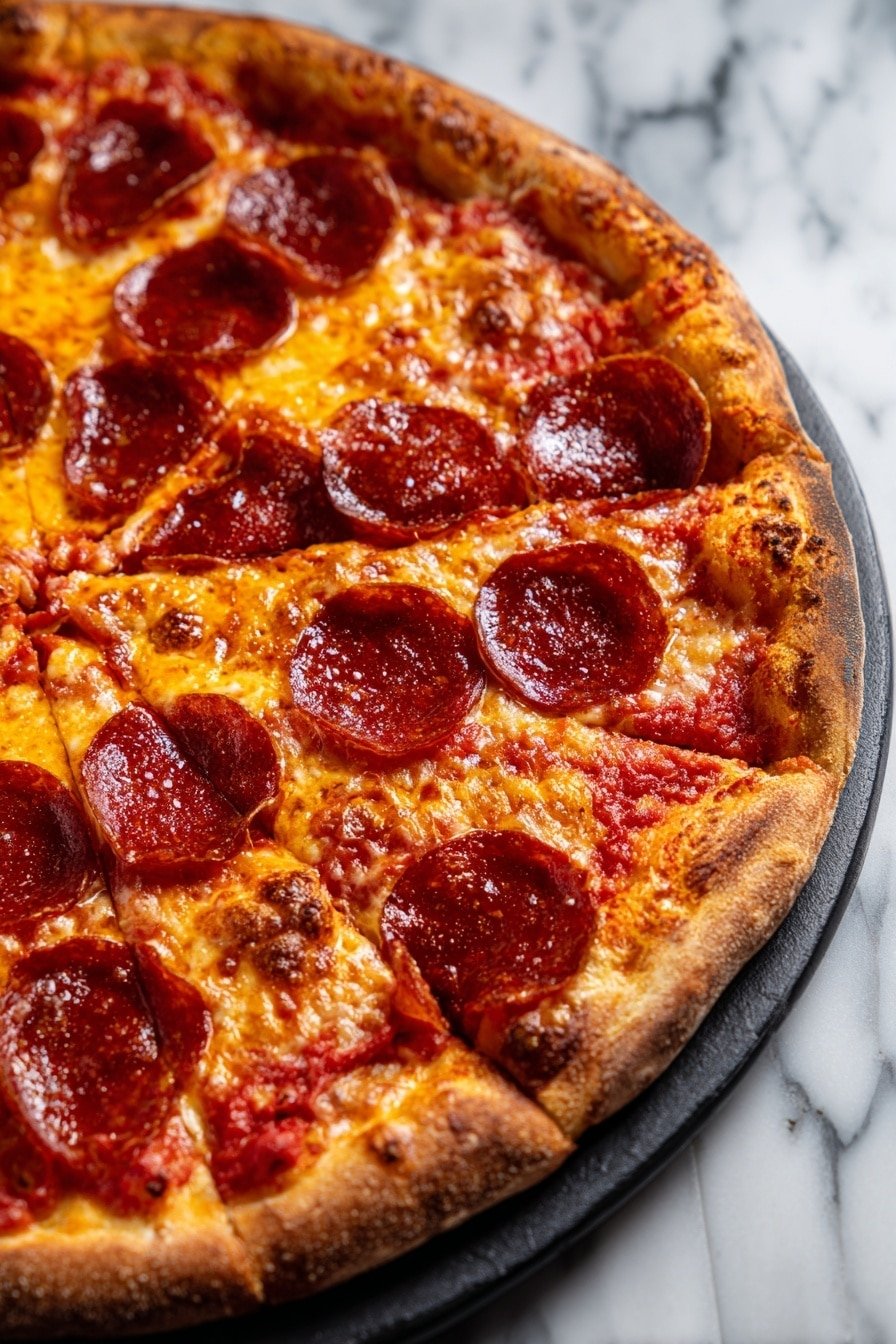 A round pizza with one slice being lifted up by a woman's hand, showing stretchy, melted white cheese. The pizza has a golden-brown crust with a layer of red sauce spread below melted cheese. On top of the cheese, round, dark red pepperoni slices are spread evenly, each sprinkled with small green herbs. There are also round, crispy, golden yellow chips placed beneath some pepperoni pieces, adding a crunchy texture. The pizza is served on a white marbled surface in a dark pan. photo taken with an iphone --ar 2:3 --v 7 - Cheese and Pepperoni Pizza Chips, pizza snack recipe, crispy pizza chips, easy pizza appetizer, homemade pizza chips