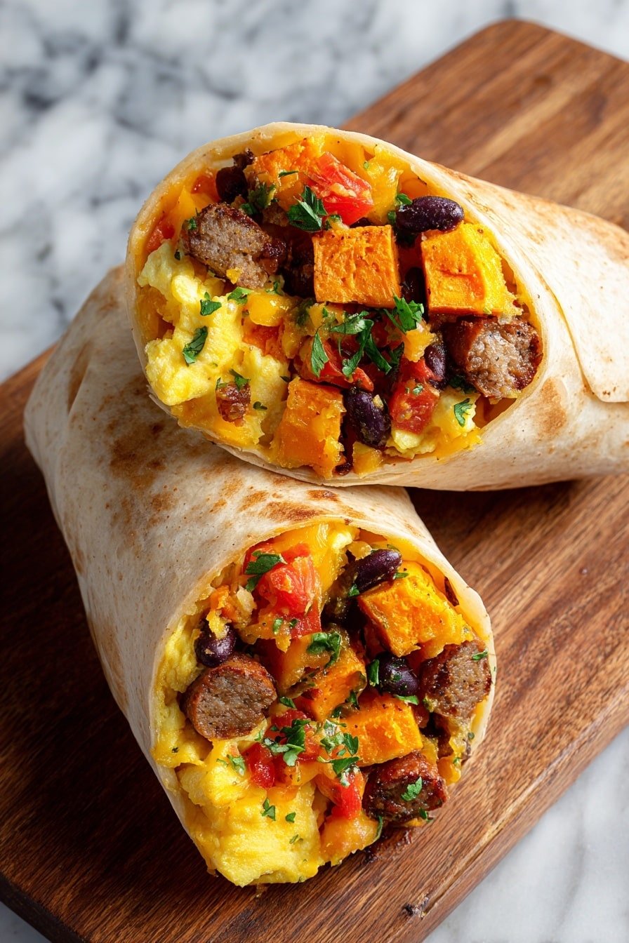 Two breakfast burritos are placed on a round wooden board over a white marbled surface. Each burrito is wrapped in lightly toasted white tortilla with brown spots. Inside, there are three visible layers: the bottom layer is soft, slightly fluffy, yellow scrambled eggs; above it are browned sausage slices, orange sweet potato cubes, and small black beans; scattered on top are bright red tomato chunks and finely chopped green herbs, adding color and freshness. The burritos are folded neatly, showing the filling at the open ends. photo taken with an iphone --ar 2:3 --v 7 - Healthy Sweet Potato Breakfast Burritos, healthy breakfast burritos, nutritious breakfast ideas, easy breakfast recipes, protein-packed breakfast