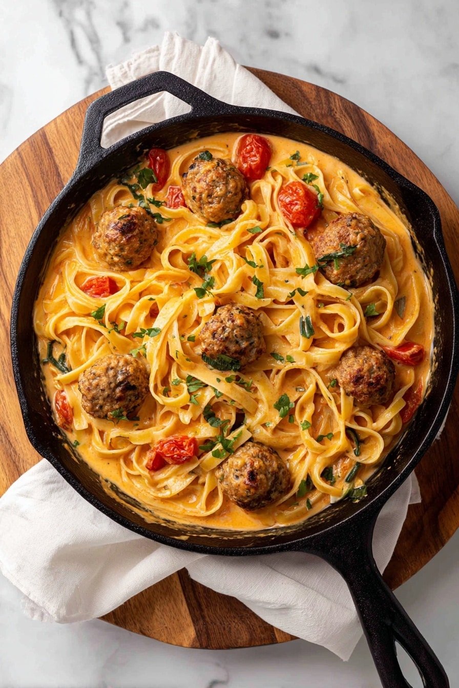 A white plate on a white marbled surface holds a dish with three round meatballs that are brown with a slightly speckled texture, placed on top of a bed of thick, flat pasta noodles. The noodles are pale yellow with a smooth texture and coated in a light creamy sauce that has visible black pepper specks. Scattered red bell pepper pieces add a bright contrast throughout the pasta. The dish is garnished with a small fresh green parsley sprig in the center. Photo taken with an iphone --ar 2:3 --v 7 - Cajun Meatball Pasta, Cajun Pasta Recipes, Spicy Meatball Pasta, Creamy Cajun Pasta, Easy Pasta Dinner