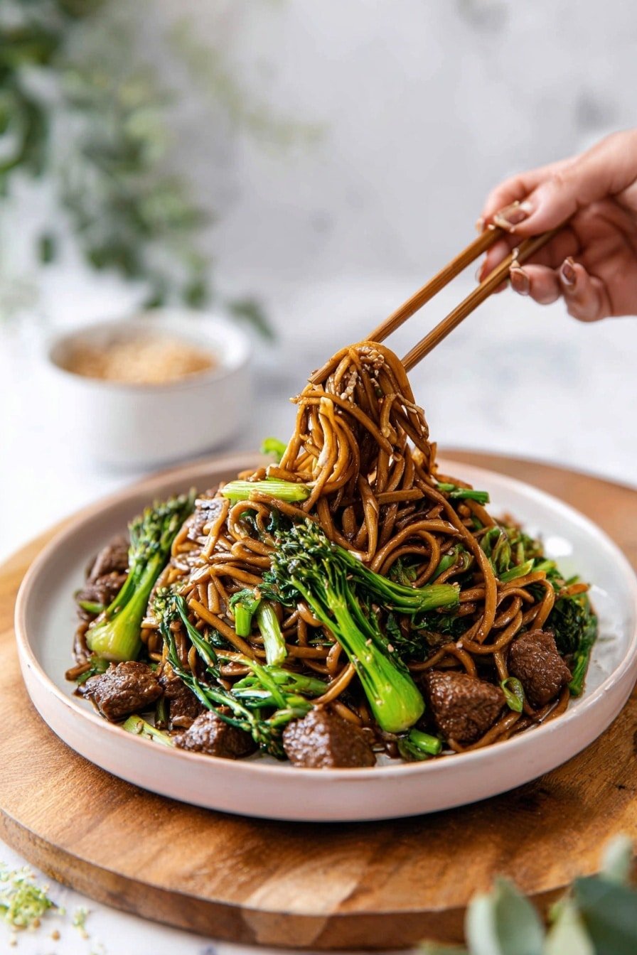 A beige bowl sits on a white marbled surface, filled with three visible layers of food: the bottom layer is thick yellow noodles, the middle layer consists of dark brown pieces of meat, and the top layer shows bright green long vegetable strips scattered across. The noodles and meat are coated in a shiny brown sauce, giving a glossy look. There are wooden chopsticks placed in front of the bowl. In the blurry background, there are two other bowls, one white and one grey, both filled with food. Photo taken with an iphone --ar 2:3 --v 7 - Shanghai Fried Noodles, Chinese street food, stir-fry noodles, crispy vegetable noodles, quick Asian noodle recipe
