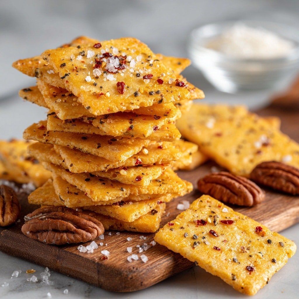 A pile of thin, square cheese crackers stacked unevenly on a wooden board, each cracker golden brown with a rough texture and speckled heavily with black pepper and red chili flakes. Around the board, a few loose crackers sit scattered, accompanied by whole pecans and coarse white salt crystals. The cheese crackers have a slightly crisp and bubbly surface with an inviting, crunchy look. In the blurred background, a small clear glass bowl can be seen on a white marbled texture. photo taken with an iphone --ar 1:1 --v 7 - Cheddar Pecan Crackers, savory cracker recipes, cheesy snack ideas, toasted pecan crackers, easy appetizer recipes