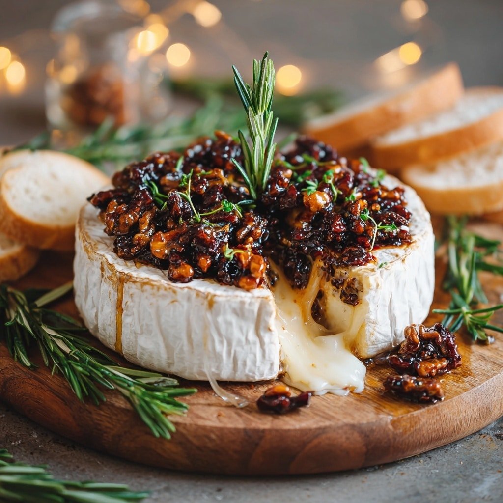 A round block of soft cheese with a white rind sits on a wooden board with green rosemary sprigs around it. The cheese has a thick, creamy inside that is slightly melting and oozing out through a cut in the front. On top, there is a thick layer of glossy, dark brown nuts and a sticky, shiny syrup dripping down the sides and pooling on the board. In the background, slices of light-colored toasted bread are stacked slightly out of focus, with a warm glowing light adding a cozy feel. The surface beneath the board is a white marbled texture. Photo taken with an iphone --ar 1:1 --v 7 - Honey Fig Pecan Baked Brie, Baked Brie appetizer, Fig and pecan cheese spread, Elegant cheese appetizer, Easy holiday appetizer