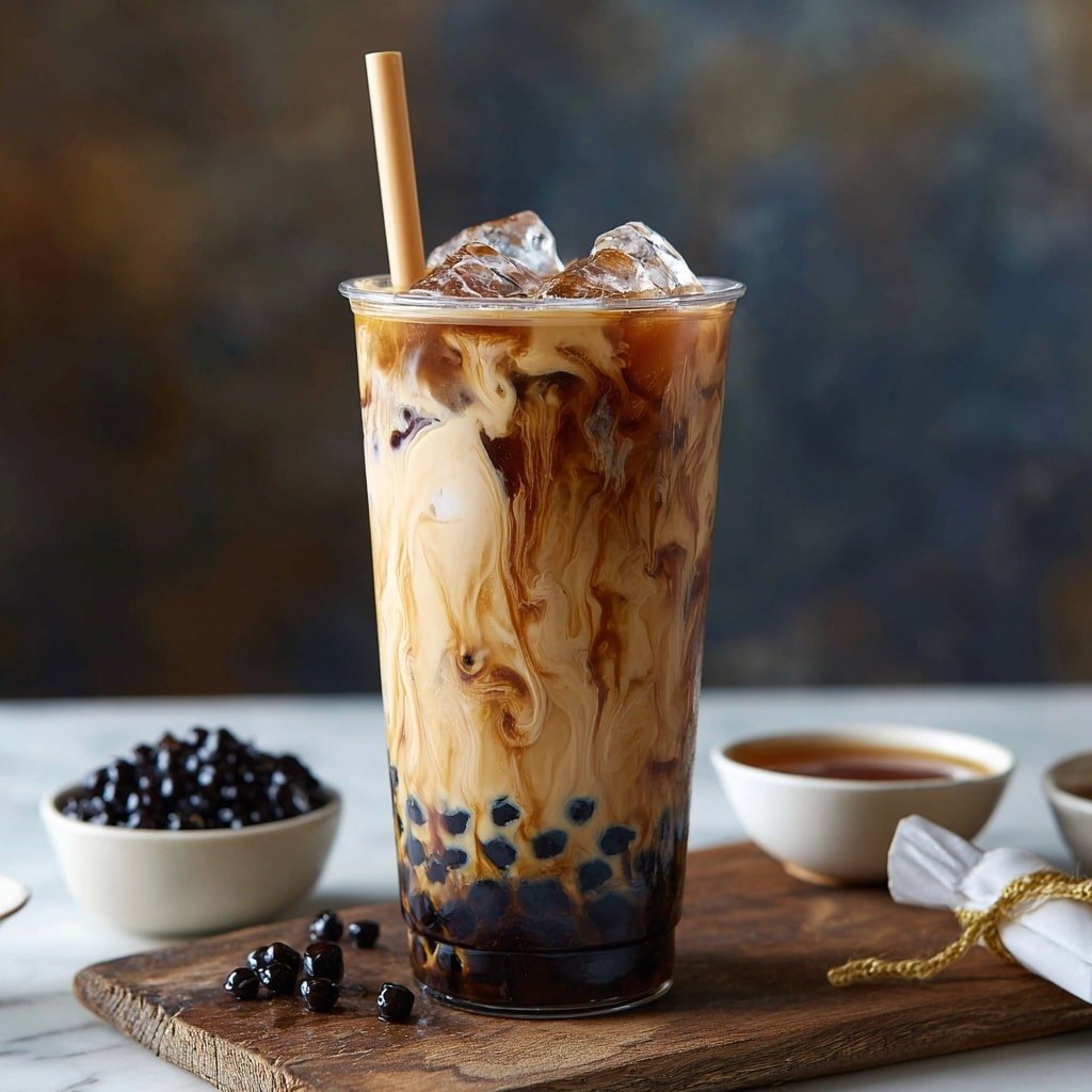 A tall clear plastic cup filled with three main layers: at the bottom, many small round black tapioca pearls; above them, a creamy light brown milk tea with darker brown swirls mixing in; and on top, several large ice cubes. A light brown straw stands upright from the lid of the cup. The cup sits on a wooden surface with some additional black tapioca pearls in small white bowls and a white tea bag with a golden string nearby. The background is blurred with soft dark tones, and the surface under everything is white marbled texture. photo taken with an iphone --ar 1:1 --v 7 - How to Make Bubble Tea with Tapioca Pearls, homemade bubble tea recipe, bubble tea boba tutorial, DIY bubble tea drink, tapioca pearls bubble tea