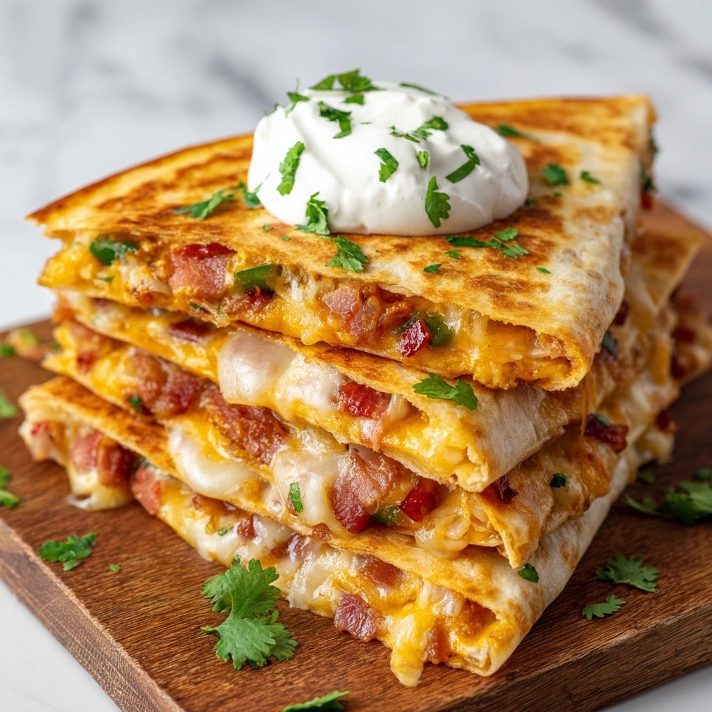 The image shows a stack of golden brown quesadilla triangles arranged on a wooden board over a white marbled surface. Each triangle reveals layers inside including melted white and yellow cheeses, small pieces of browned bacon, and slices of green jalapeño. The quesadilla tops are sprinkled with chopped fresh green herbs. On the side, there is a dollop of white sour cream with herbs on top. The texture of the quesadilla is slightly crispy and browned with melted cheese visible at the edges. photo taken with an iphone --ar 1:1 --v 7 - Jalapeño Bacon Quesadillas, spicy bacon quesadillas, cheesy jalapeño quesadillas, easy bacon quesadillas, quick snack recipes