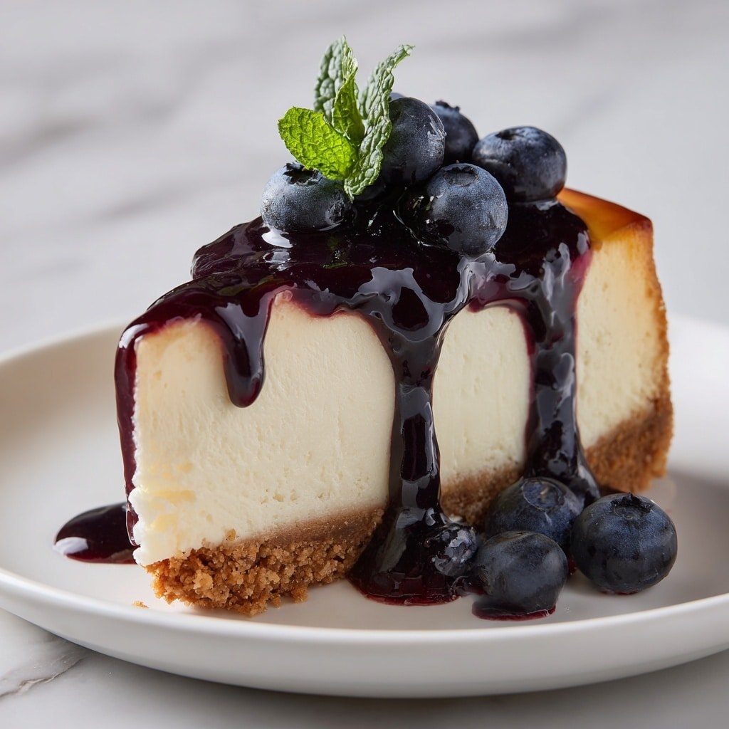 A slice of cheesecake is shown on a white round plate set on a white marbled surface. The cheesecake has three clear layers: a crumbly, brown crust at the bottom; a thick, smooth, creamy white middle layer; and a shiny, dark blue and purple blueberry topping that drips slightly down the sides. Fresh blueberries and a small green mint leaf sit on top of the blueberry layer, with a few blueberries and mint leaves scattered around the plate. The blueberry sauce looks glossy and has a slightly chunky texture from the berries. Photo taken with an iphone --ar 1:1 --v 7 - Blueberry Cheesecake Dessert, blueberry cheesecake, easy berry dessert, summer fruit dessert, creamy cheesecake with blueberries
