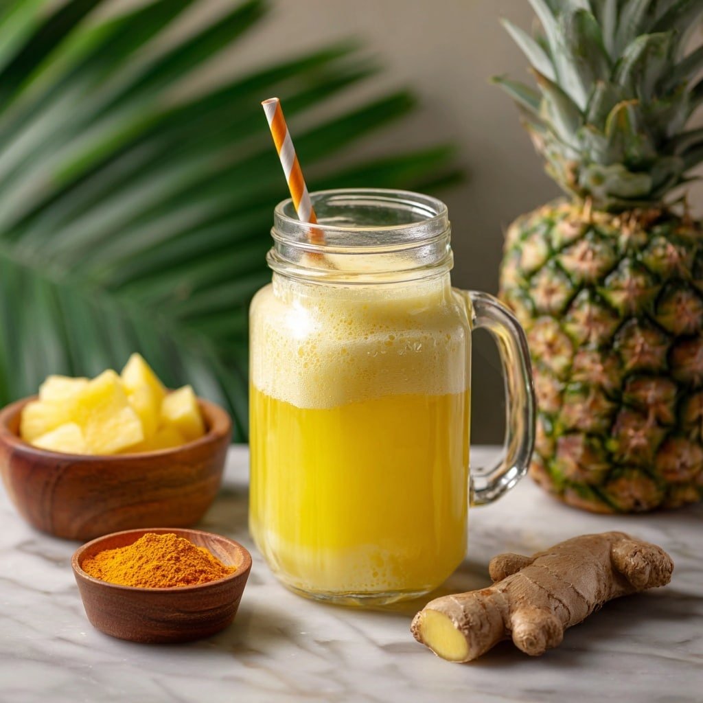 A clear glass jar with a handle is filled with two layers of yellow drink: a thicker, frothy light yellow layer on top and a smoother, deeper yellow liquid below. A white and orange striped straw sticks out from the jar. To the jar's right, there is a whole pineapple and a piece of ginger with light brown skin and yellow inside resting on a white marbled surface. To the jar's left, a small wooden bowl has bright orange powder, and behind it, another wooden bowl holds thin pineapple slices. The background shows green leaves blurred out. Photo taken with an iphone --ar 1:1 --v 7 - Pineapple Protein Turmeric Smoothie, healthy smoothie with pineapple, anti-inflammatory turmeric drink, quick protein breakfast, vibrant smoothie recipe