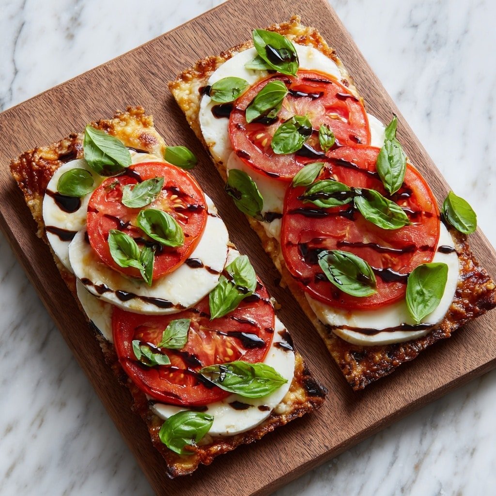 The image shows two rectangular slices of pizza on a wooden board, placed on a white marbled surface. Each slice has three main layers: the bottom layer is a golden-brown crust with melted cheese, the middle layer consists of thick white mozzarella cheese slices, and the top layer has bright red tomato slices evenly spread across. Fresh green basil leaves are scattered on top, along with a drizzle of dark balsamic glaze adding shine and small specks of herbs. The whole scene looks fresh and colorful, photo taken with an iphone --ar 1:1 --v 7 - Easy Margherita Flatbread Pizza, Margherita flatbread pizza, simple flatbread pizza, quick Margherita pizza, vegetarian flatbread pizza