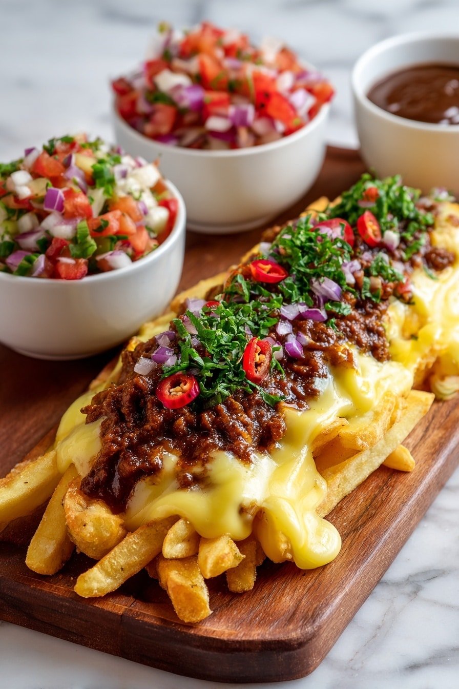 A wooden board holds a pile of golden fries as the first layer, topped with creamy light yellow cheese sauce covering parts of the fries. On top of the cheese sauce is a thick brown chili sauce with ground meat mixed in. The chili sauce is garnished with finely chopped fresh green herbs, diced red chilies, and small bits of purple onions, adding color and texture. Two white bowls sit behind the board, one filled with a fresh salsa made of red, white, and green chopped vegetables, and the other with a smooth, dark brown sauce. The scene is set on a white marbled surface. Photo taken with an iphone --ar 2:3 --v 7 - Cajun Voodoo Fries with Cheese, loaded Cajun fries, spicy cheese fries, comfort food recipes, Cajun side dishes