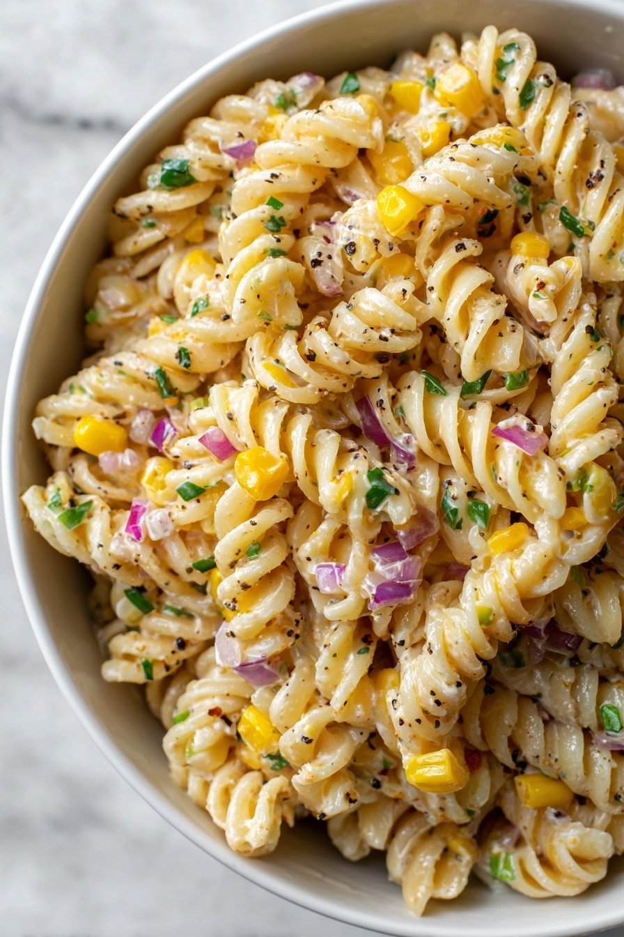 A close-up view of creamy pasta salad made with spiral rotini noodles mixed with small pieces of yellow corn, finely chopped red onion, and green herbs scattered evenly throughout. The pasta is coated in a smooth, pale sauce with tiny black pepper flakes sprinkled on top, giving the dish a slight texture contrast. The ingredients fill a white bowl, and the background features a white marbled surface. photo taken with an iphone --ar 2:3 --v 7 - Street Corn Pasta Salad, flavorful pasta salad, summer side dish, creamy corn salad, smoky corn pasta