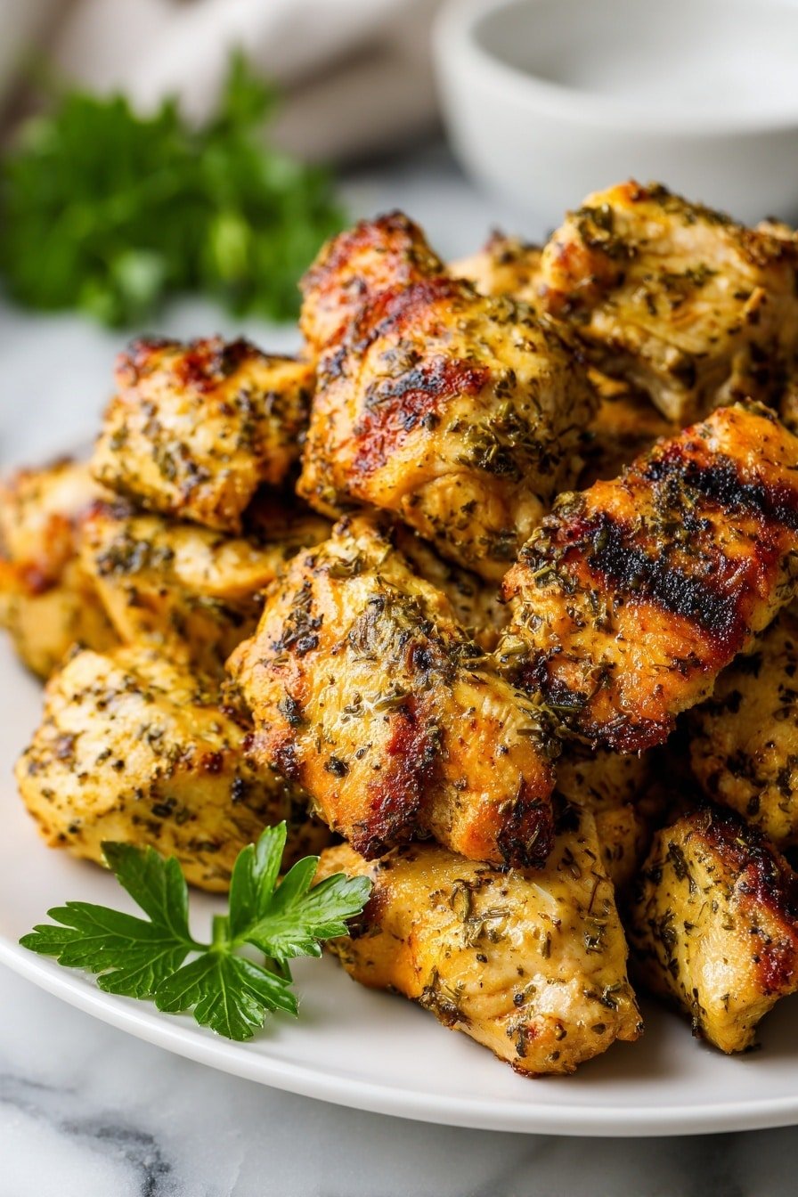 A close-up view of many small golden brown chicken pieces all cooked evenly and coated with a shiny sauce, scattered with white and black sesame seeds, and sprinkled with small green herb leaves. The chicken pieces look tender and are placed in a simple round white bowl, set on a white marbled surface. The overall look is warm and appetizing, showing the texture of the sauce and spices clearly. photo taken with an iphone --ar 2:3 --v 7 - Garlic Butter Chicken Bites, quick chicken dinner, easy chicken recipes, flavorful chicken recipes, one-pan chicken dishes