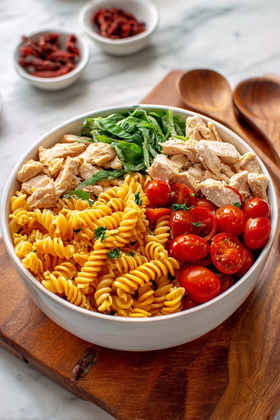 A close-up view of a white bowl filled with spiral pasta in a creamy sauce. Mixed in are light brown cooked chicken pieces, bright green chopped scallions, small cubes of tofu, and red bell pepper slices scattered on top. The pasta and toppings create a textured look with swirls, soft pieces, and colorful vegetable bits evenly spread. The bowl sits on a white marbled surface, highlighting the fresh ingredients and creamy texture of the dish. Photo taken with an iphone --ar 2:3 --v 7 - Buffalo Chicken Pasta Salad, buffalo chicken pasta, creamy buffalo pasta salad, easy buffalo chicken salad, spicy chicken pasta dish