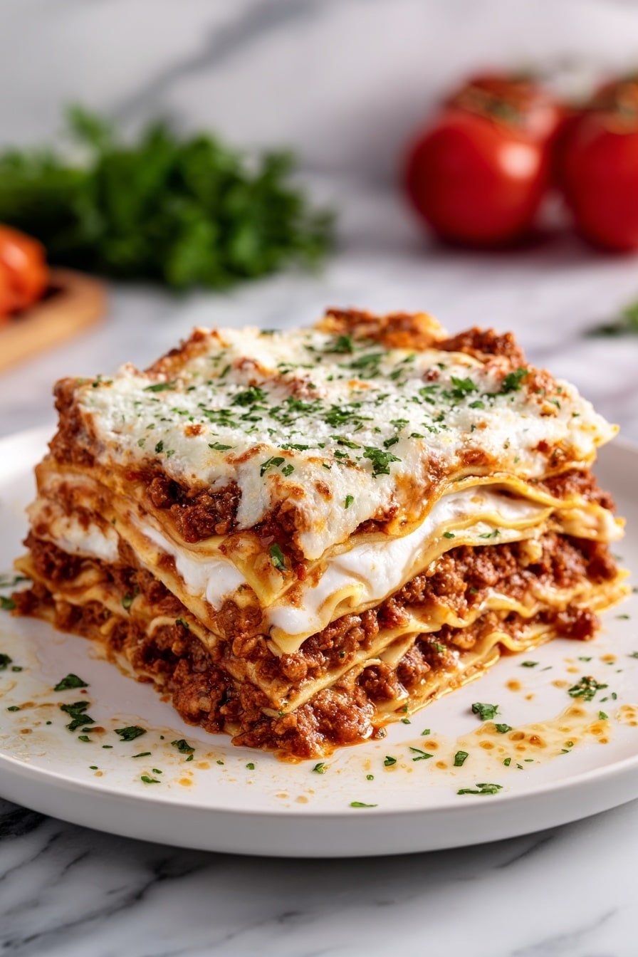 A piece of lasagna on a white plate shows four layers: the top and third layers are light golden melted cheese with some brown toasted spots and green parsley sprinkled on top; the second and fourth layers are thick, rich dark red meat sauce with visible ground meat bits; between them is a creamy white cheese layer with a smooth texture; some sauce spills over the sides onto the plate, and the white marbled surface is visible in the background. photo taken with an iphone --ar 2:3 --v 7 - Maggiano’s Lasagna Recipe, Italian lasagna, homemade lasagna, cheesy meat lasagna, classic Italian dishes