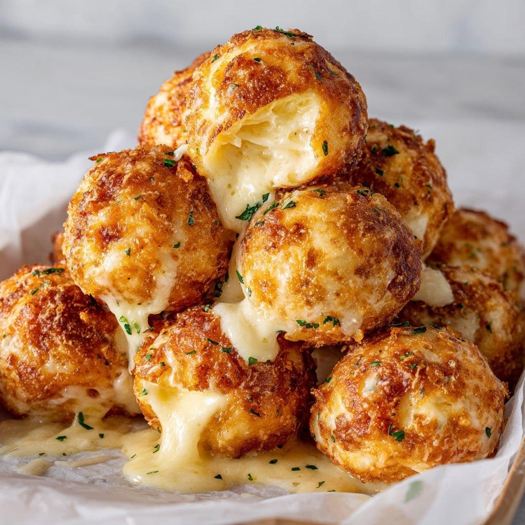 The image shows a group of golden brown cheese puffs arranged closely on a metal wire rack inside a baking tray. Each puff is round with a rough, crispy outer layer that has darker, crunchy edges and lighter golden, melted cheese spots. Some puffs have small white cheese shreds sprinkled on top, adding texture, along with tiny green herb flakes. A few puffs show soft melted cheese oozing slightly at the bottom, highlighting their gooey inside. The scene is set against a white marbled textured surface in the background, focusing closely on the cheese puffs with warm lighting. photo taken with an iphone --ar 1:1 --v 7 - Cheesy Parmesan Mozzarella Bites, cheesy snack ideas, easy cheesy appetizer, mozzarella cheese snacks, cheesy finger foods