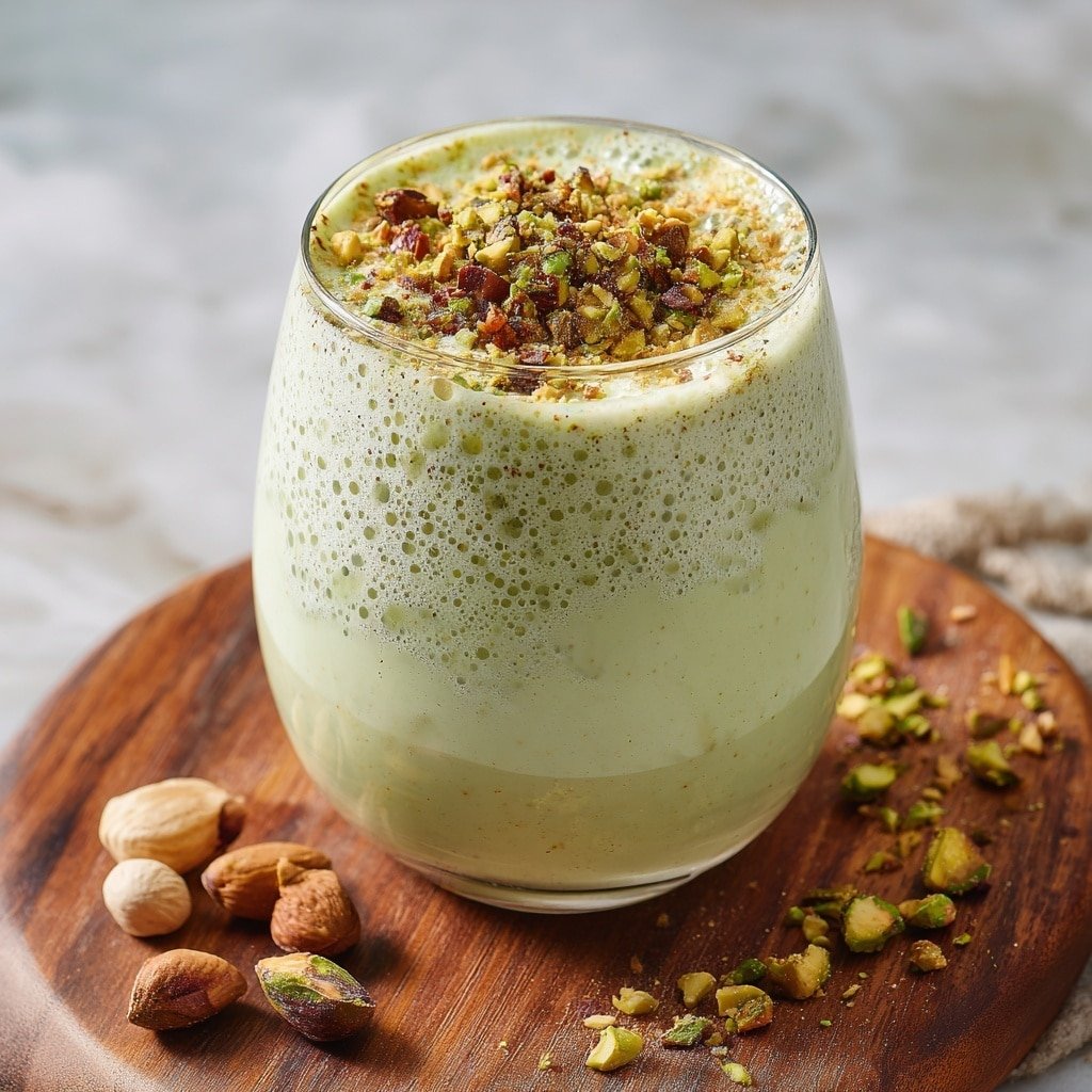 A clear glass filled with a smooth, creamy pale green drink that reaches near the top. The drink is topped with small pieces of chopped green pistachio nuts and a few light brown crumbs scattered evenly across the surface. The glass sits on a round wooden board with some crushed pistachio pieces scattered around it. The background features a soft-focused second glass with the same pale green drink and topping, all placed on a white marbled texture. photo taken with an iphone --ar 1:1 --v 7 - Pistachio Coquito Holiday Drink, festive nutty holiday drinks, Puerto Rican coquito variations, creamy holiday cocktail recipes, pistachio flavored holiday beverages