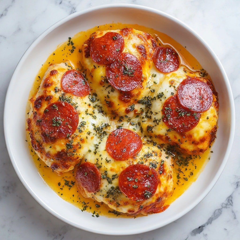 In a white round dish, there are four pieces of cooked chicken topped with melted yellow cheese layers that have browned edges. Each piece has one round slice of reddish pepperoni on top, adding a slightly shiny texture. The chicken pieces are covered with small green herb sprinkles, which add a fresh touch. The dish has a light orange sauce around the chicken, filling the base of the white dish. The scene is set on a white marbled surface. photo taken with an iphone --ar 1:1 --v 7 - Italian Chicken Saltimbocca, easy chicken saltimbocca recipe, how to make chicken saltimbocca, simple Italian chicken dish, quick dinner ideas