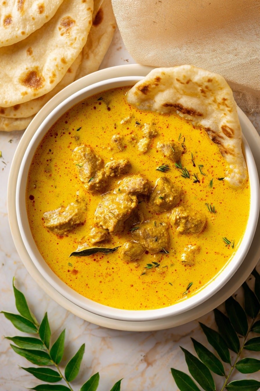 The image shows a white round pot filled with creamy golden yellow curry with small pieces of meat spread evenly in the sauce. There are two pieces of flatbread partially dipped into the curry, one near the center and the other at the edge of the pot. Around the pot, some green leaves are placed on the white marbled surface. There is also more flatbread visible near the bottom left corner. The scene is set on a white marbled texture with warm colors and soft natural lighting. Photo taken with an iphone --ar 2:3 --v 7 - Spicy Butter Chicken, spicy butter chicken recipe, easy butter chicken, creamy butter chicken dish, weeknight dinner ideas