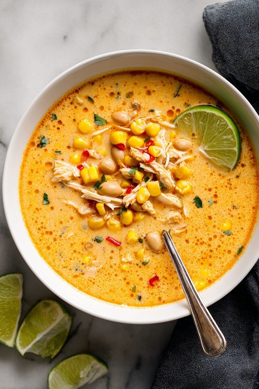 A white bowl filled with creamy orange soup with visible small oil droplets. The soup has a thick layer of mixed ingredients in the center, including yellow corn kernels, light brown beans, small pale strands of shredded chicken, and bits of red and green vegetables. There is a wedge of lime placed on the top right side of the bowl’s center. A silver spoon rests inside the bowl on the left side. The bowl sits on a white marbled surface with a few lime wedges below it and a dark cloth partially visible on the upper right side. Photo taken with an iphone --ar 2:3 --v 7 - Creamy Chipotle Chicken Soup, smoky chicken soup with chipotle, spicy creamy chicken soup, easy chicken soup with chipotle, comforting smoky chicken soup