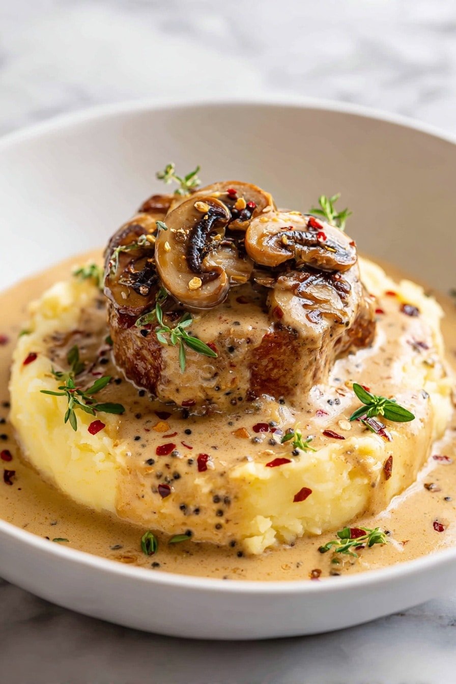 A white round plate holds three layers of food placed in the center. The bottom layer is creamy mashed potatoes with a smooth texture, topped with a light beige mushroom sauce speckled with black and red pepper flakes; small sprigs of green thyme decorate the edges. On top of the mashed potatoes sits a thick, golden-brown cooked chicken piece, nicely seared and slightly crispy on the outside. The chicken is covered by a generous layer of sautéed sliced mushrooms in a glossy brownish sauce, spread evenly over the top. The whole plate is set on a white marbled surface. Photo taken with an iphone --ar 2:3 --v 7 - Creamy Mushroom Chicken Skillet, chicken mushroom skillet, easy creamy chicken dinner, one-pan mushroom chicken, comforting chicken recipes