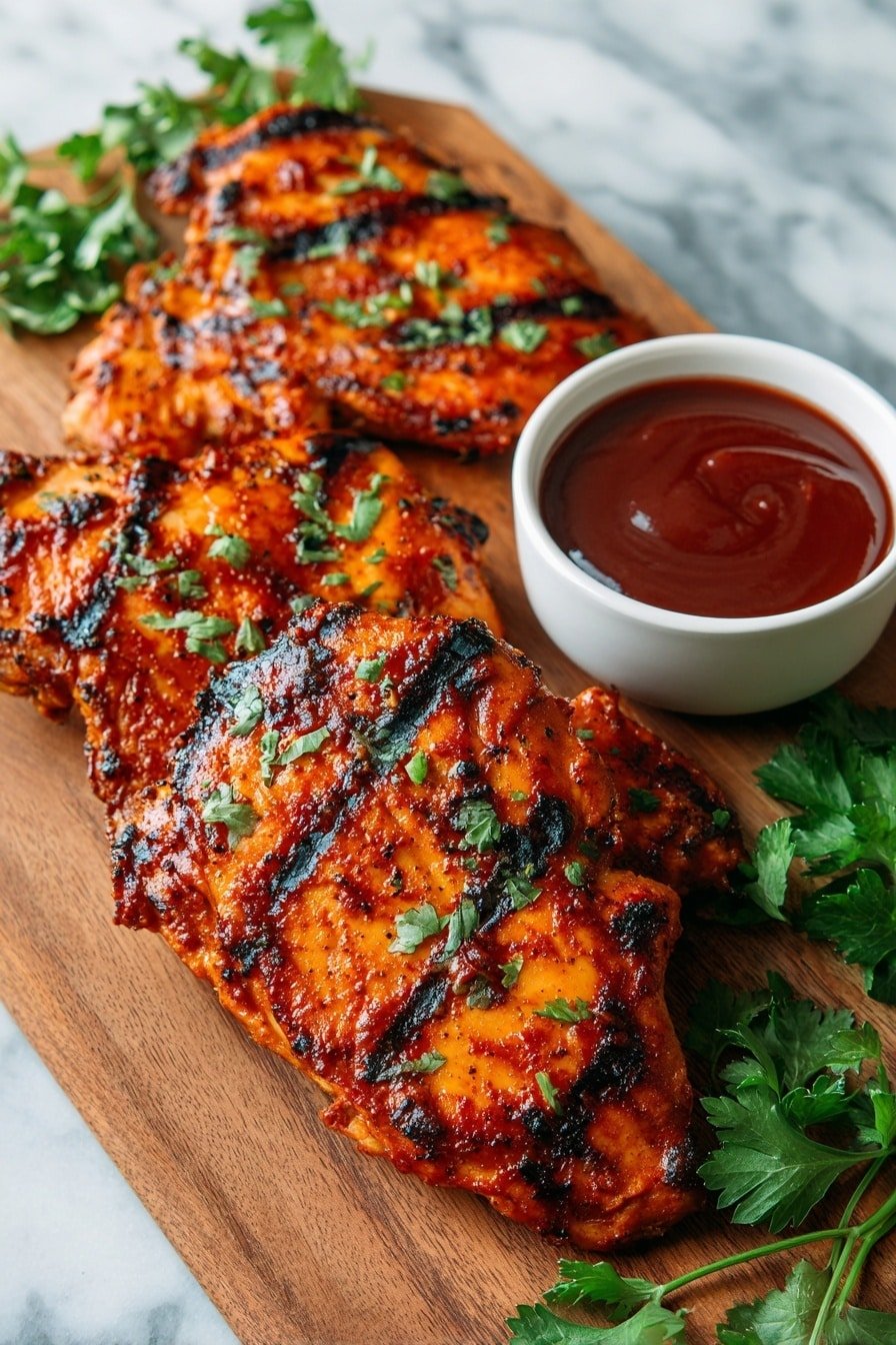 The image shows three grilled chicken pieces placed closely together on a wooden board, each piece having visible charred grill marks and a reddish-orange spicy coating with small green herbs sprinkled on top. To the right side of the chicken, a small white bowl filled with thick dark red barbecue sauce is placed. Fresh green parsley leaves are scattered artistically on and beside the chicken, adding a touch of fresh color contrast. The background is a white marbled texture. photo taken with an iphone --ar 2:3 --v 7 - Kansas City BBQ Chicken, grilled BBQ chicken, smoky grilled chicken, Kansas City BBQ recipe, spicy BBQ chicken