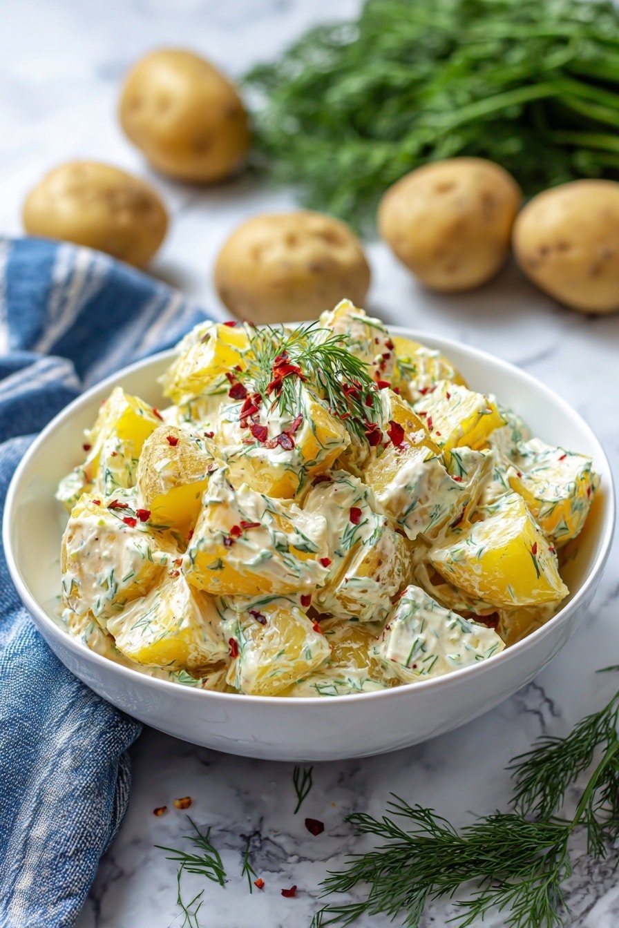 A close-up view of a white bowl filled with a creamy potato salad consisting of soft, yellow potato chunks mixed with a thick white dressing that has green herbs throughout. The salad is topped with fresh dill sprigs and a light sprinkle of red seasoning, giving a pop of color. The bowl rests on a blue and white checkered cloth, placed on a white marbled surface. In the background, there are whole potatoes and some blurred green herbs. photo taken with an iphone --ar 2:3 --v 7 - Creamy Southern Potato Salad, Southern Potato Salad, Classic Potato Salad, Easy Potato Salad, Best Potato Salad