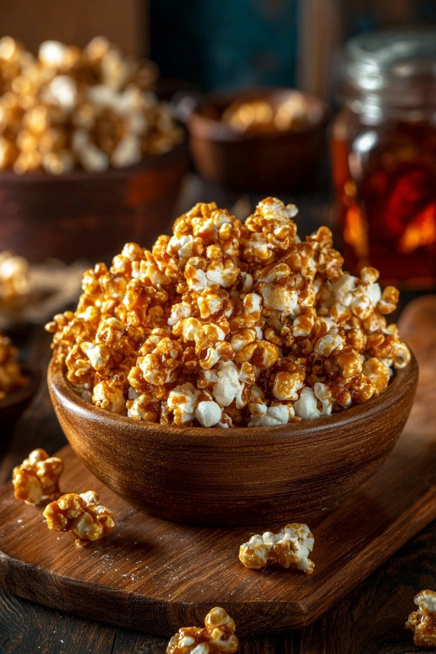 A white bowl is full of caramel popcorn piled high with many irregular popcorn pieces showing a mix of white and golden caramel colors. The caramel coating looks shiny and smooth on some popcorn, while others show softer, white fluffy popcorn texture underneath. The bowl is placed on a brown wooden surface, with a light beige cloth draped next to it, and the background has soft window light coming through, all on a white marbled texture. A few pieces of caramel popcorn are scattered on the wooden surface near the bowl. photo taken with an iphone --ar 2:3 --v 7 - Hot Honey Popcorn, popcorn snack with hot honey, spicy sweet popcorn, caramel honey popcorn, easy popcorn recipes