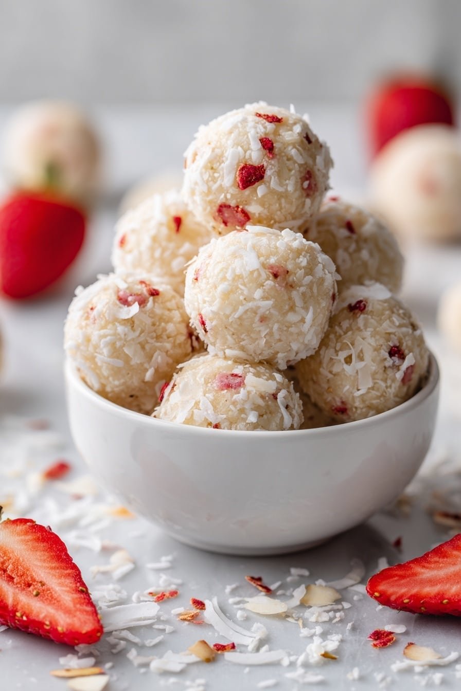 A white bowl filled with small round balls stacked in a pyramid shape, each ball is creamy beige with scattered small red pieces and tiny white round sprinkles on the surface, the texture looks smooth and slightly soft, the bowl sits on a white marbled surface with a soft, blurred background creating a cozy and calm atmosphere, photo taken with an iphone --ar 2:3 --v 7 - Strawberry Protein Balls No-Bake, healthy strawberry protein snacks, quick no-bake protein bites, easy fruit protein treats, nutritious post-workout snacks