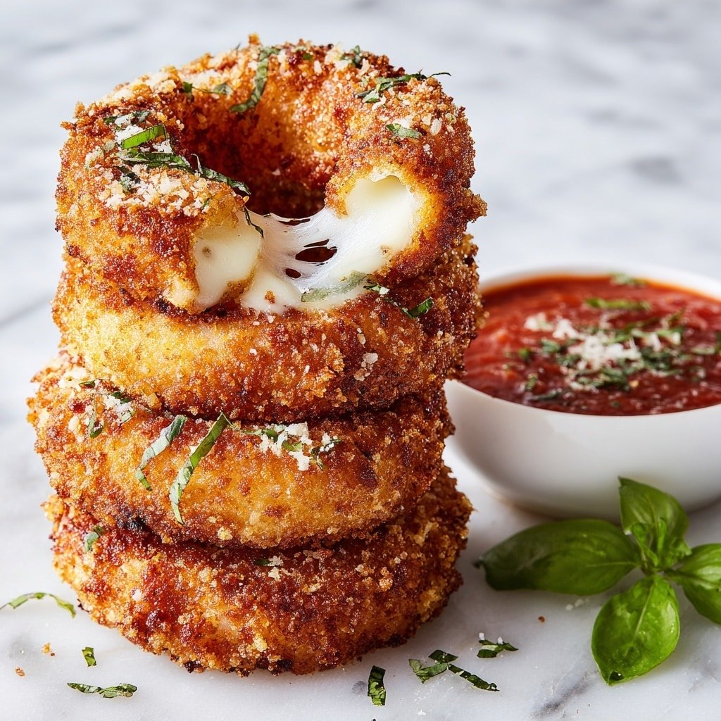 A stack of four golden-brown fried onion rings with a crispy, crunchy coating, each ring showing a rough, crumbly texture. The top ring is pulled apart slightly, revealing melted white cheese stretching between the two halves. Small green herb pieces are sprinkled over the rings. To the right, there is a white bowl filled with red marinara sauce sprinkled with herbs. A green basil leaf is next to the bowl, all placed on a white marbled surface. photo taken with an iphone --ar 1:1 --v 7 - Cheesy Mozzarella Onion Rings, cheesy onion rings, crispy mozzarella onion rings, cheesy snack recipe, easy onion ring recipes