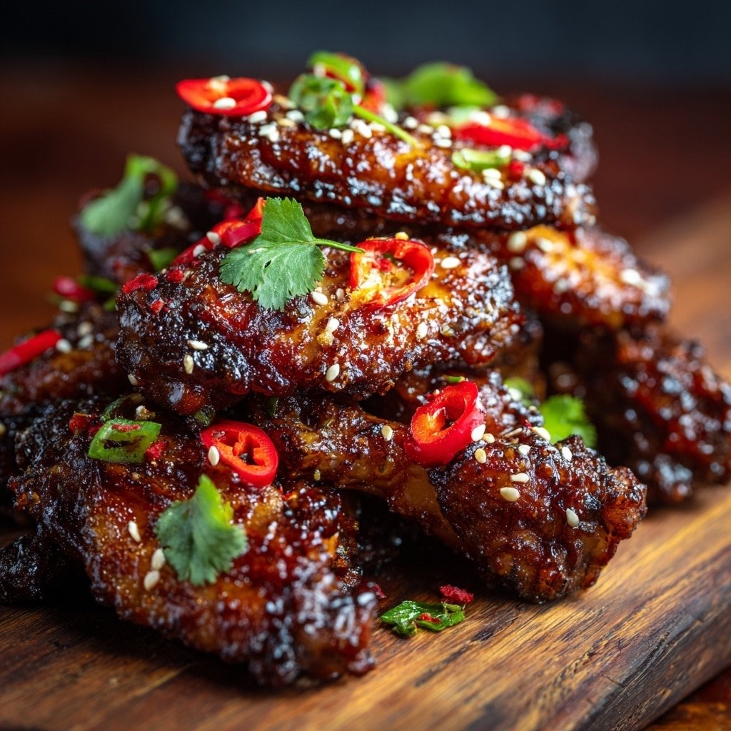 A pile of dark brown chicken wings with a shiny, sticky glaze is stacked on a wooden board. The wings are topped with white sesame seeds, thin slices of red chili, and small green onion pieces, giving a mix of red, green, and white colors on the crispy textured meat. Fresh green cilantro leaves are scattered around, adding a bright touch. The background has a soft dark blur to keep the focus on the wings. photo taken with an iphone --ar 1:1 --v 7 - Sticky Chinese Chicken Wings, Chinese chicken wings recipe, sweet and savory chicken wings, crispy Asian wings, easy Chinese chicken wings