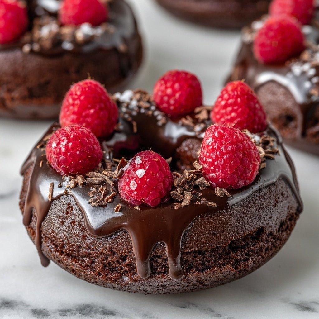 A dark brown chocolate doughnut with a glossy layer of melted chocolate on top, slightly dripping down the sides. On top of the chocolate layer, there are six bright red raspberries evenly spaced around the hole of the doughnut, with small chocolate shavings sprinkled between the raspberries. The doughnut sits on a white marbled surface with blurred similar doughnuts in the background. photo taken with an iphone --ar 1:1 --v 7 - Chocolate Raspberry Baked Donuts, baked donuts with raspberry and chocolate, easy baked donut recipe, healthy baked donut ideas, quick breakfast donuts