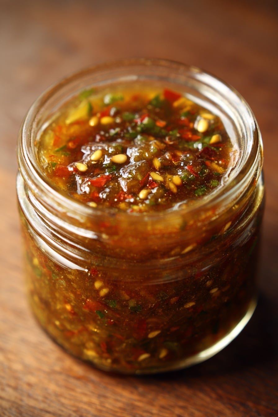 A small clear glass jar filled to the top with a thick, chunky sauce that has a mixed red and brown base color with visible green herb pieces and yellow seeds spread evenly throughout. The sauce looks glossy and slightly textured, showing small bits of herbs and spices floating inside. The jar is placed on a wooden surface with soft lighting highlighting the shine and colors of the sauce. photo taken with an iphone --ar 2:3 --v 7 - Smoky Red Chimichurri Sauce, smoky red chimichurri, grilled meat sauce, healthy herb sauce, easy chimichurri for grilling