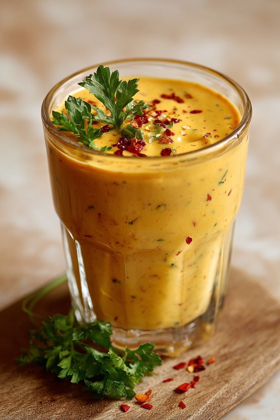 A close-up of a small clear glass cup filled with a creamy, light brown sauce speckled with green and red bits, surrounded by a ring of golden, thick, crispy fries arranged on a white plate. The background shows a blurred white marbled surface. The fries have a slightly rough texture and are evenly cooked with some darker spots. photo taken with an iphone --ar 2:3 --v 7 - Hot Honey Ranch Dip, spicy honey ranch dip, easy hot honey dip, sweet and spicy ranch dip, creamy appetizer dip